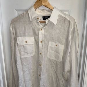 Vintage Polo Ralph Lauren White Linen Button Down Mens L Classic Preppy Comfy